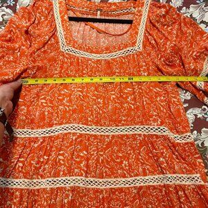 Free People Orange Patterned Blouse with Lace